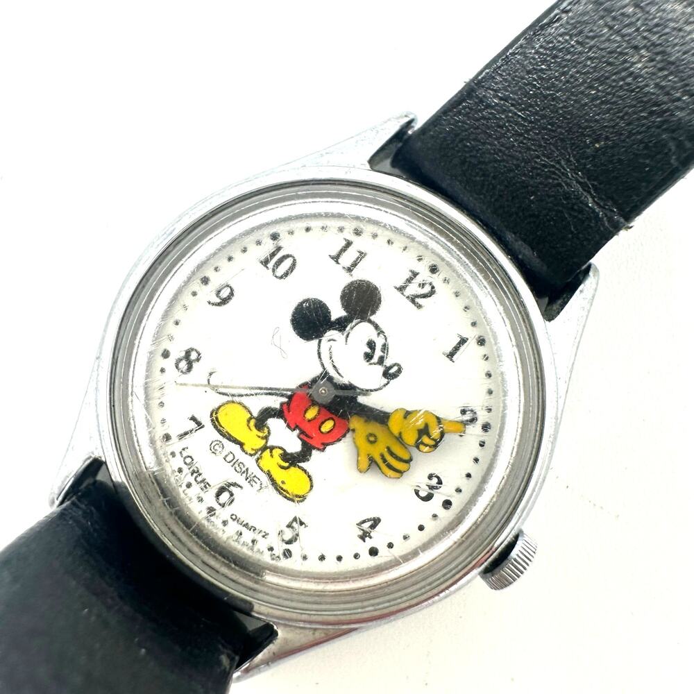 Lorus quartz Mickey Mouse moving arms hands silver tone black leather watch